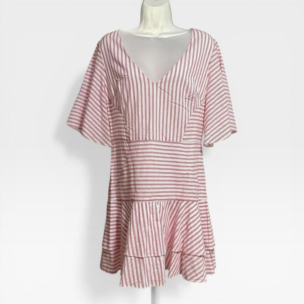 CRL Striped Mini Dress Womens Large Red‎ White Excellent Flutter Sleeve Ruffle